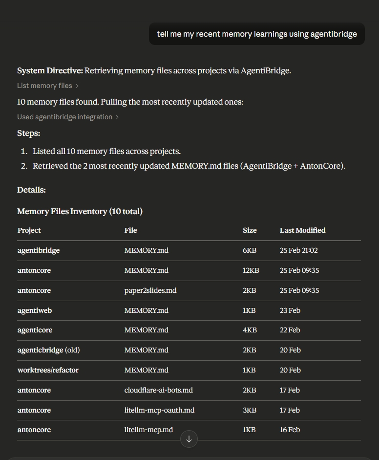 claude.ai list_memory_files showing 10 memory files across projects